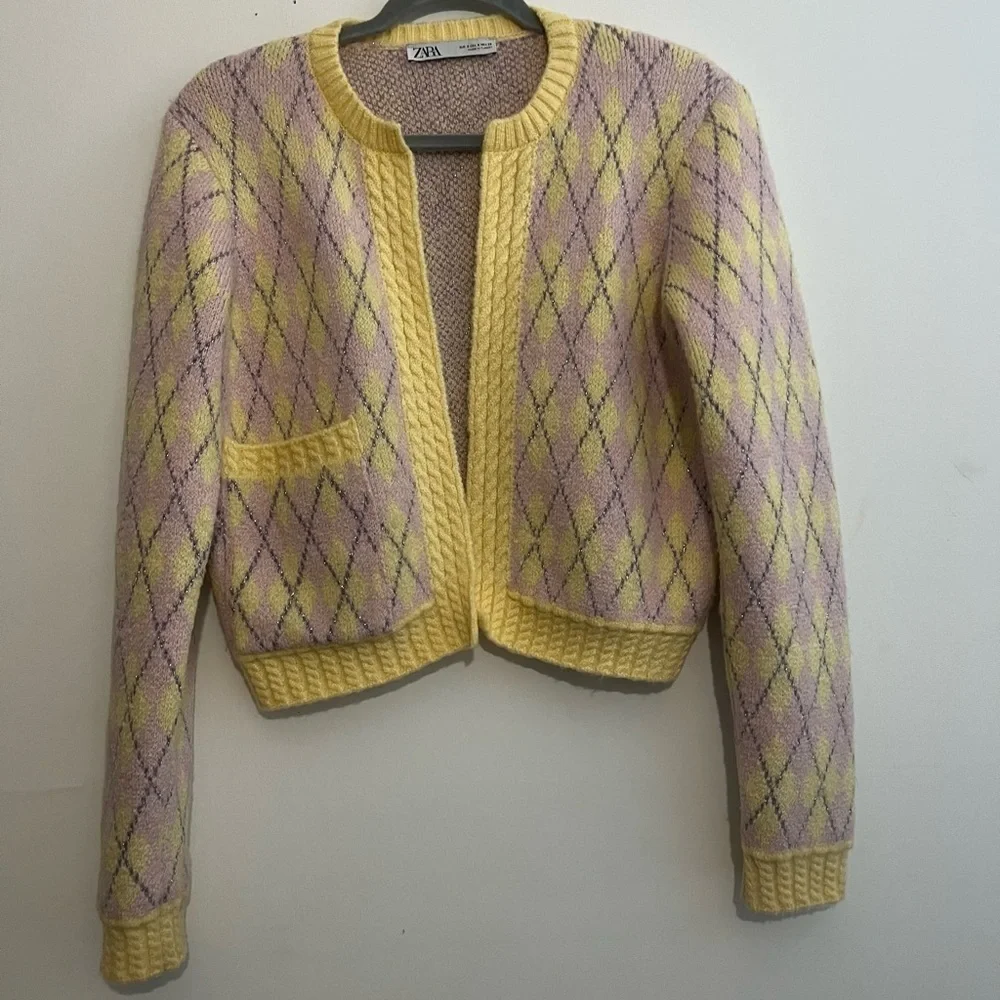 ZARA Pastel Argyle Knit Cropped Cardigan Yellow Lilac Open Front Size S